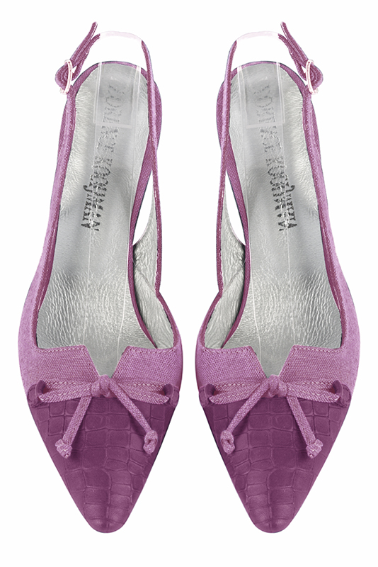 Mauve purple women's open back shoes, with a knot. Tapered toe. High slim heel. Top view - Florence KOOIJMAN